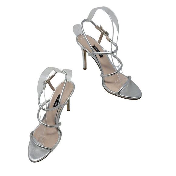 Nine West Metallic Silver Leather Formal Strappy Stiletto Heels 8 Glam NWMERICIA - Picture 13 of 14
